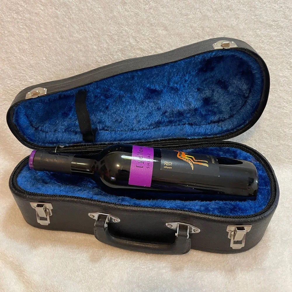 Vintage Violin Shape Wine Bottle Case Music Box Japan Blue Plush Lining Black